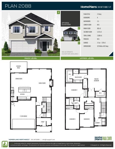 Home Plans NW Plan 2088 floor plan and specification sheet