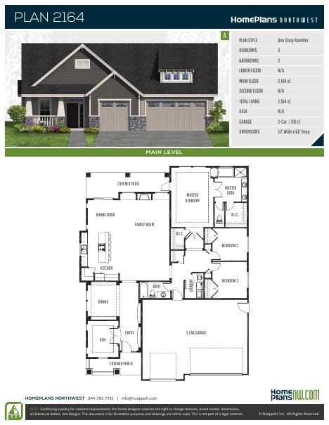 Home Plans NW Plan 2164-A floor plan and specification sheet