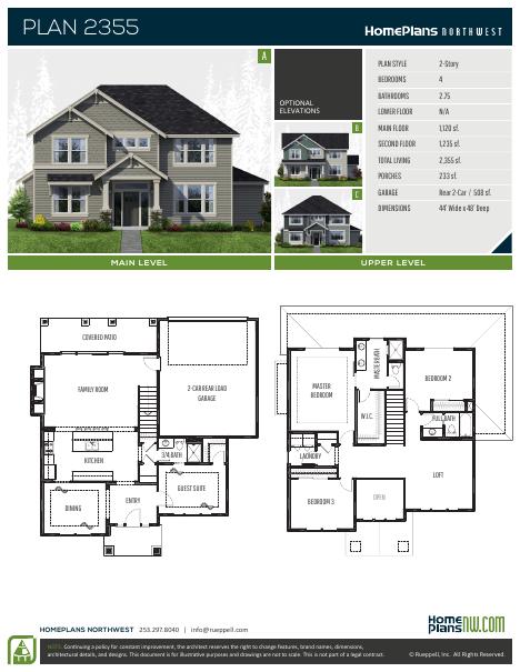 Home Plans NW Plan 2355 floor plan and specification sheet