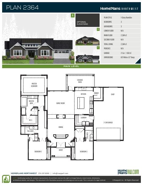 Home Plans NW Plan 2364-ABC floor plan and specification sheet