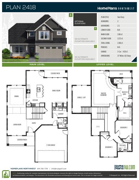 Home Plans NW Plan 2418 floor plan and specification sheet
