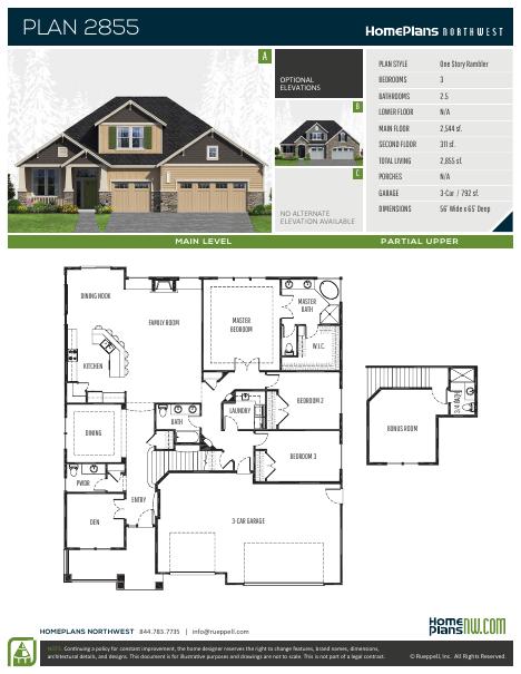 Home Plans NW Plan 2855-AB floor plan and specification sheet