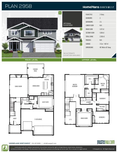 Home Plans NW Plan 2958 floor plan and specification sheet