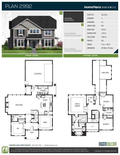 Home Plans NW Plan 2989 floor plan and specification sheet