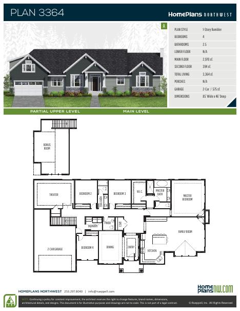 Home Plans NW Plan 3364-A floor plan and specification sheet