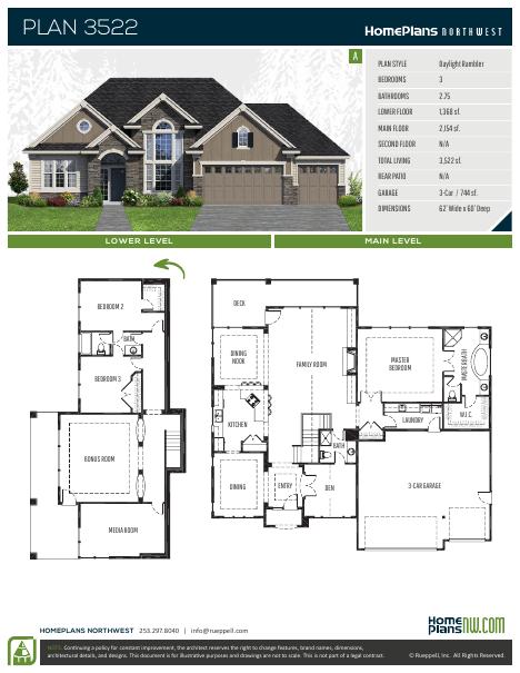 Home Plans NW Plan 3522-A floor plan and specification sheet