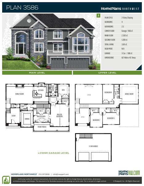 Home Plans NW Plan 3586-A floor plan and specification sheet