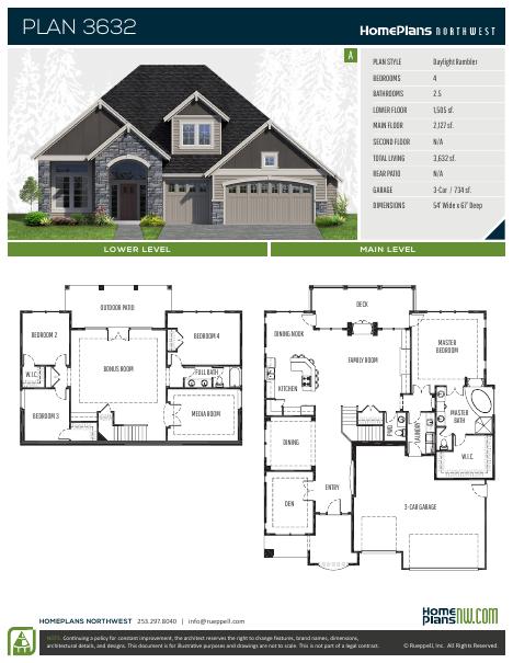 Home Plans NW Plan 3632-A floor plan and specification sheet