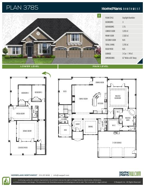 Home Plans NW Plan 3785-A floor plan and specification sheet
