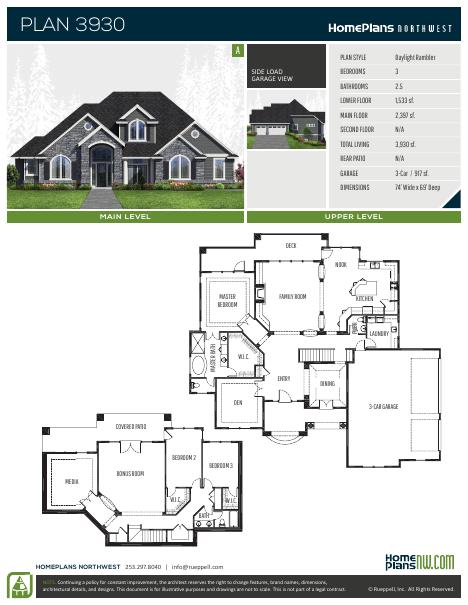 Home Plans NW Plan 3930-A floor plan and specification sheet
