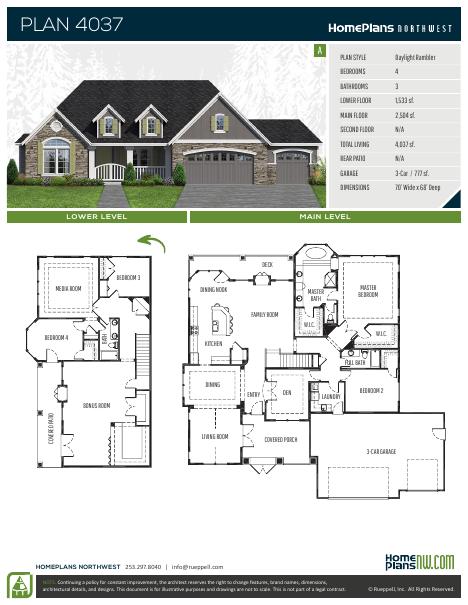 Home Plans NW Plan 4037-A floor plan and specification sheet
