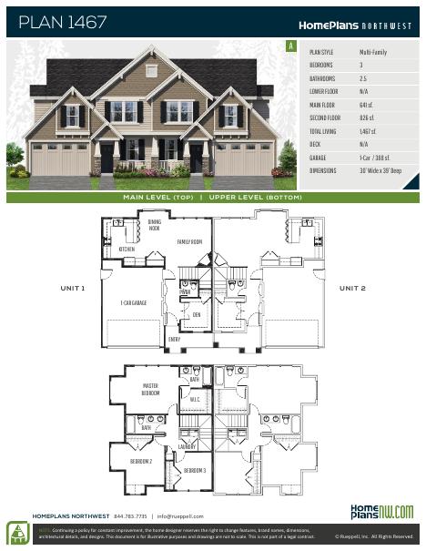 Home Plans NW Plan (Duplex) 1467-A floor plan and specification sheet