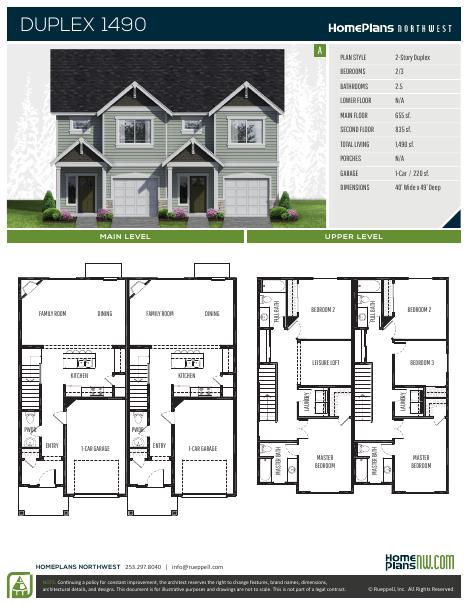 Home Plans NW Plan (Duplex) 1490-A floor plan and specification sheet