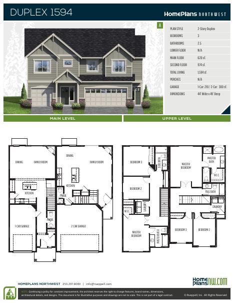Home Plans NW Plan (Duplex) 1594-A floor plan and specification sheet