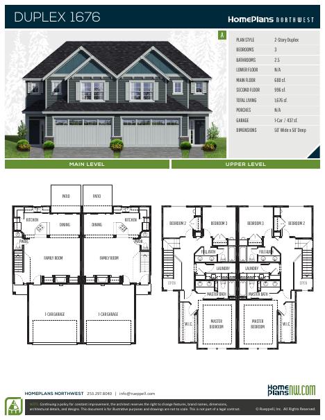 Home Plans NW Plan (Duplex) 1676-A floor plan and specification sheet